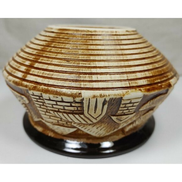 VTG Sunrise Brown Pottery Carved Clay Lid Houses Trees Outdoor 3D Design Glazed - Picture 5 of 12